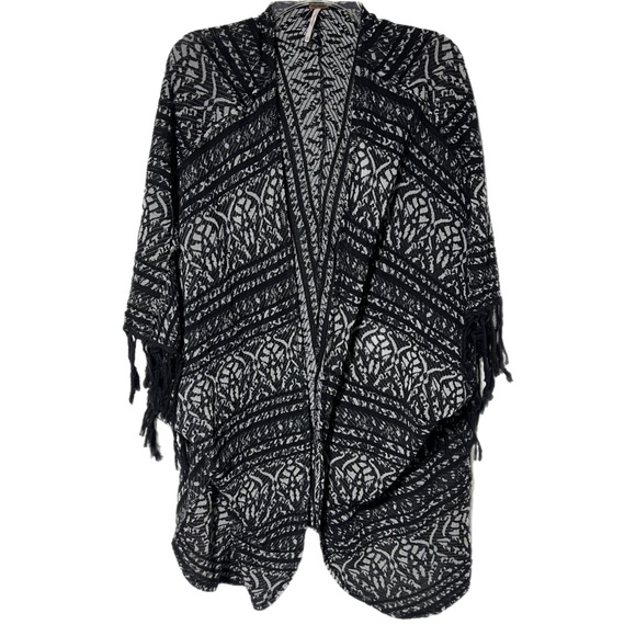 Free People Black Silver Boho Fringe Open Front Cardigan Kimono XS/S Oversized - Picture 4 of 13